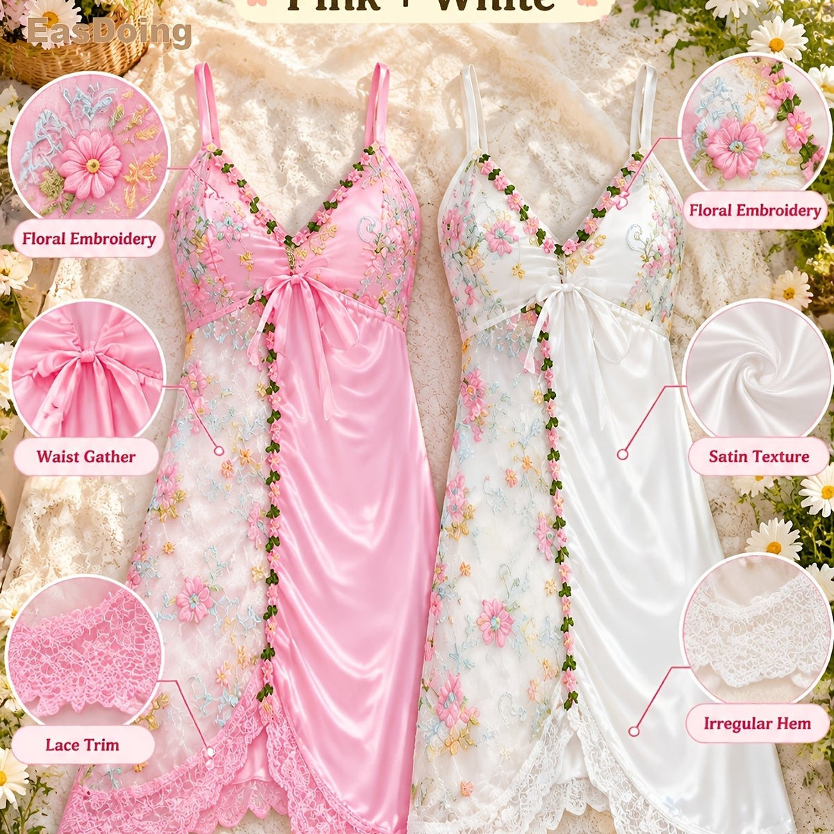 [Easdoing] Conjunto de Camisola de Satén para Mujer, 2 Piezas, Camisón de Encaje Bordado Floral con Dobladillo Asimétrico, Vestido de Casa con Cuello en V, Combinación Rosa y Blanca 6