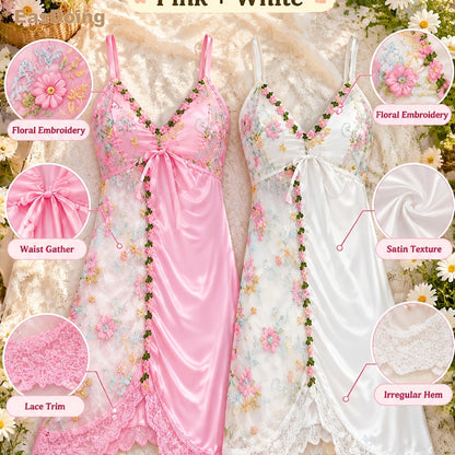 [Easdoing] Conjunto de Camisola de Satén para Mujer, 2 Piezas, Camisón de Encaje Bordado Floral con Dobladillo Asimétrico, Vestido de Casa con Cuello en V, Combinación Rosa y Blanca 6