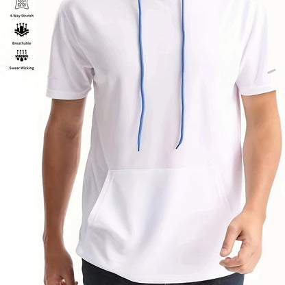 Men's Quick-Dry Hoodie - Breathable, 4-Way Stretch, Sweat-Wicking Polyester, Relaxed Fit for Sports & Casual Wear, White with Blue Drawstrings Store ARBELLA'S
