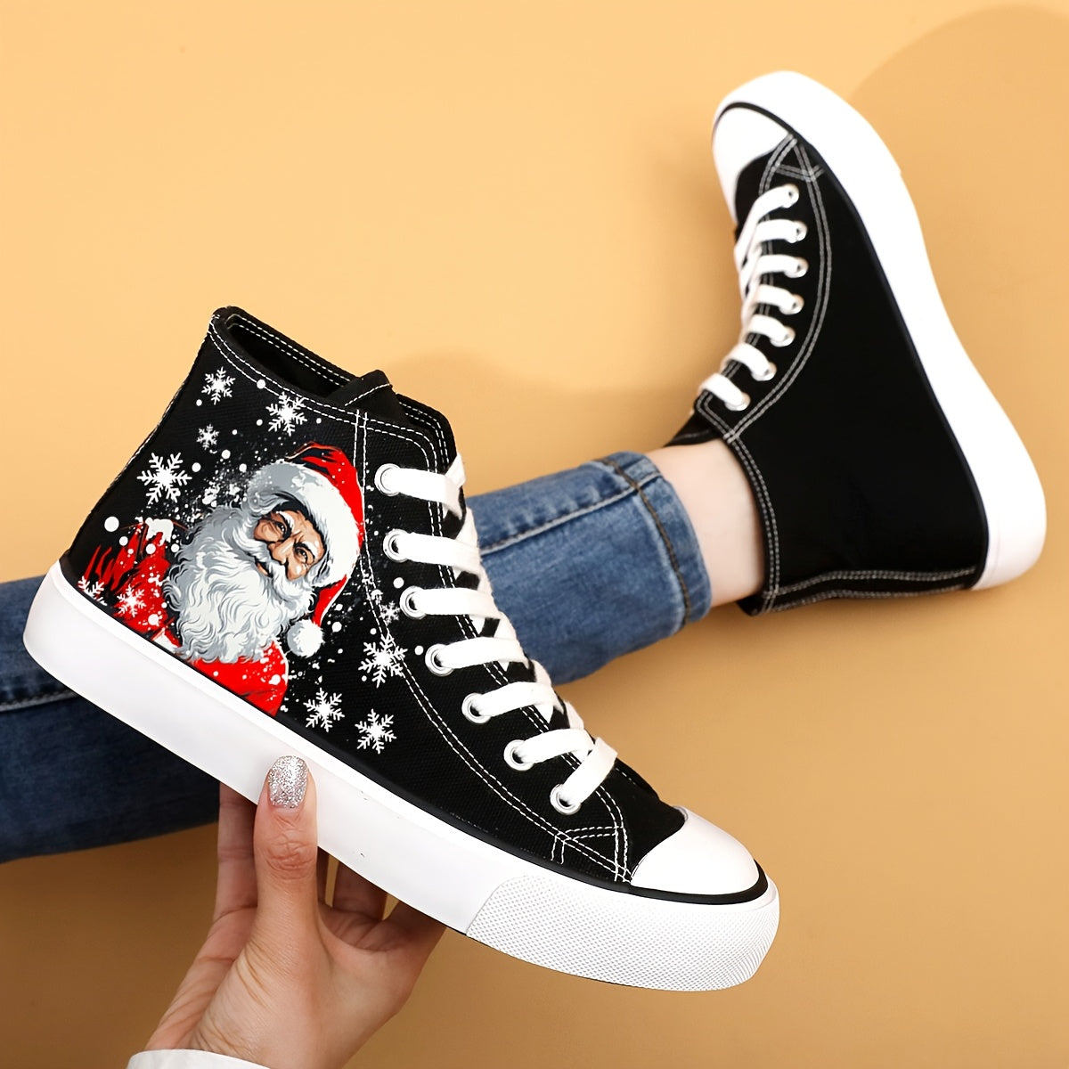 Women's Christmas Santa Print Canvas Sneakers, Casual Lace-Up High-Top Fashion Shoes, Comfortable All-Season Round Toe with Fabric Insole and Rubber Sole