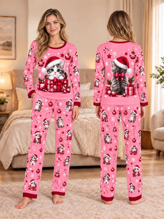 Conjunto de manga larga con temática navideña rosa, que muestra un gato lindo con un sombrero de Papá Noel, cajas de regalo, copos de nieve y adornos coloridos. varios colores y tallas