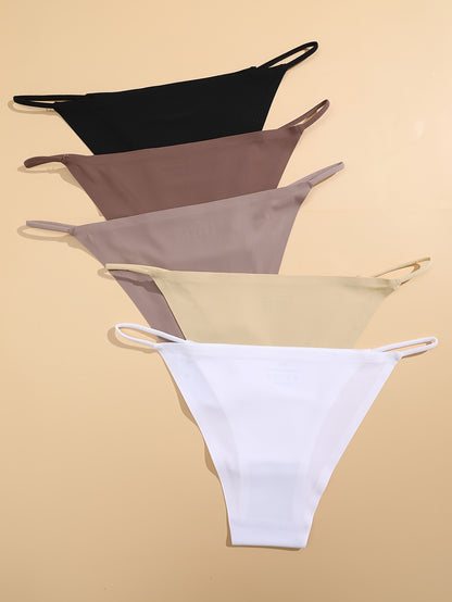 5pcs Solid Seamless Thongs, Comfy & Breathable Intimates Panties, Women's Lingerie & Underwear