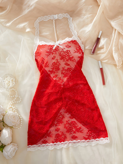Vestido mini de tirantes de espagueti para mujer sexy, camisón con ribete de encaje y lazo, vestido sin espalda con ropa de estar en casa de perlas 5