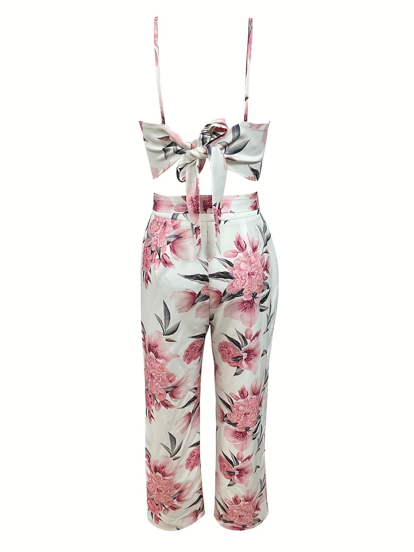 Flirty Floral Print Two-Piece Outfit Set - Flowy Tie Back Cami Top & High-Waisted Pants - Chic, Elegant, and Feminine Style - Perfect for Any Occasion