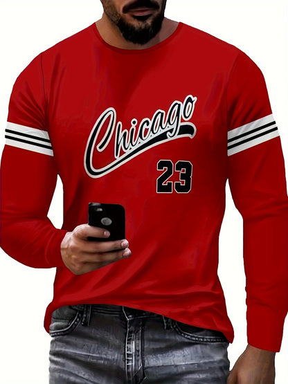 Chicago 23 Graphic Men's Long Sleeve T-Shirt - Soft, Breathable Polyester Crew Neck Tee | Machine Washable | Casual Casual Attire