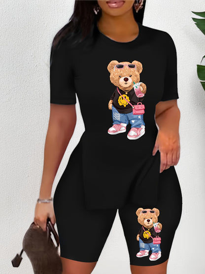 Teddy Bear Print Two Piece Set, Short Sleeves Crew Neck T-shirt & Skinny High Waist Leggings, Women's Clothing