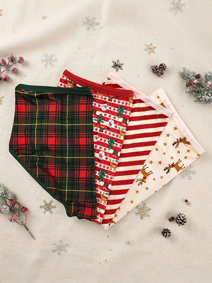 Paquete de 6 bragas de tiro medio a alto para mujer, estampado festivo de Navidad y Año Nuevo. 3