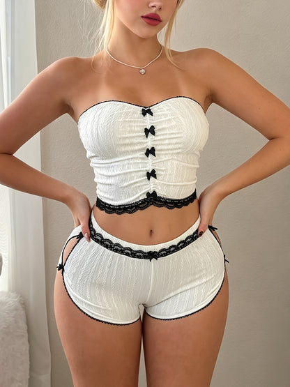 Conjunto de ropa de estar por casa para mujer, 2 piezas: top tubo sin tirantes con textura y pantalones cortos con ribete de encaje. 4