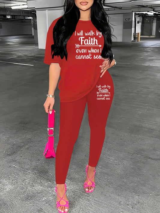 Casual Faith Letter Print Pantsuit, Short Sleeve T-shirt & Skinny Pants Outfits, Women's Clothing