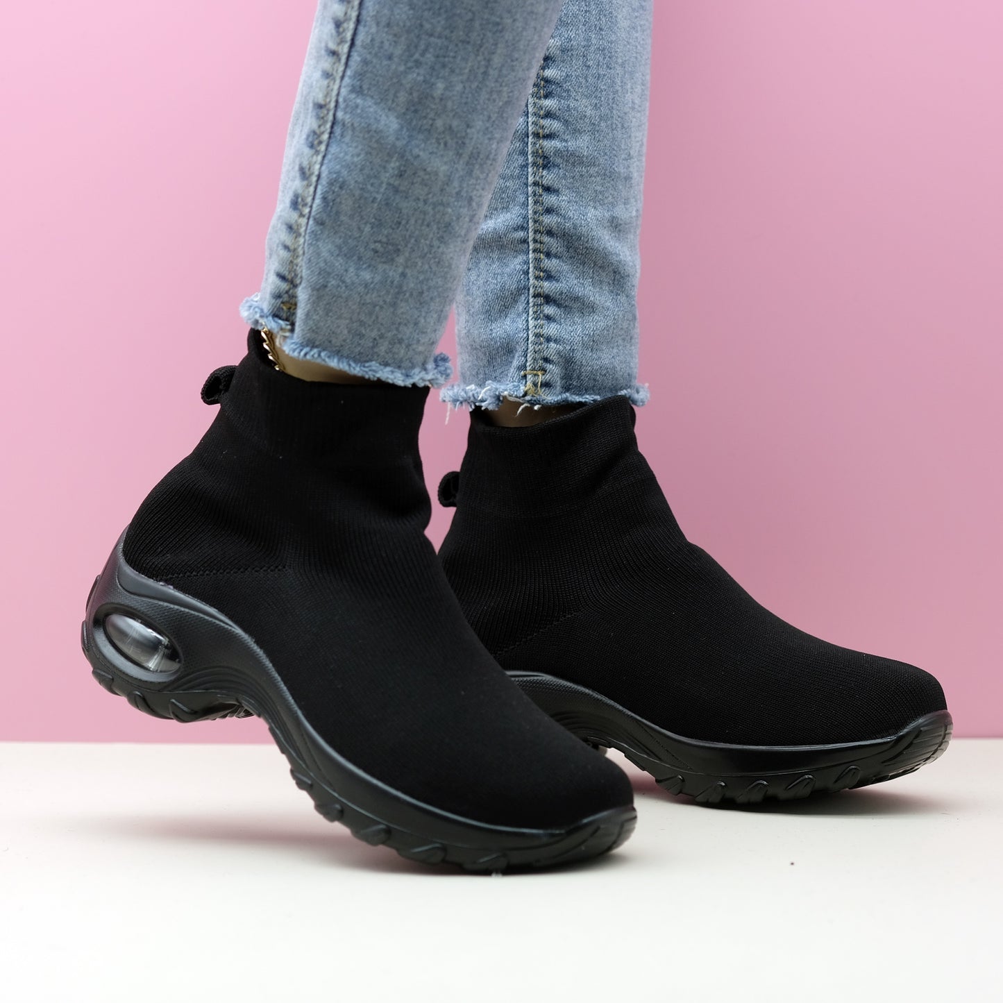 Stylish Black High-Top Knit Sock Sneakers - Fashion Sneakers with Air Cushion Shock Absorption, Casual Slip-On Design, Breathable Fabric, and Comfortable Fit - Ideal for Daily Wear