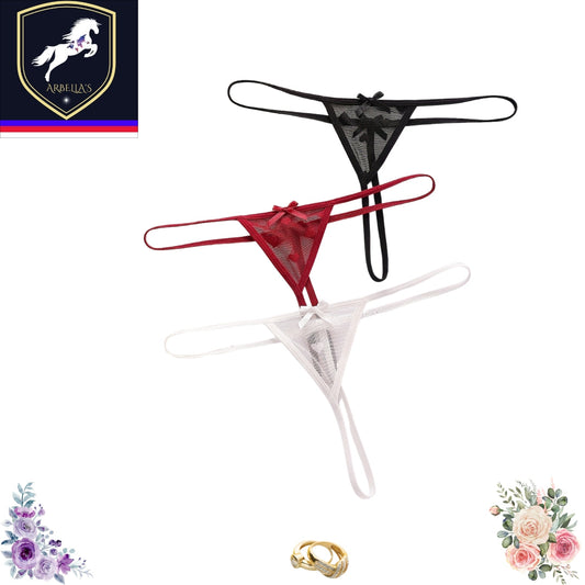 3pcs Women's Lace Mesh Thongs with Bow Detail - Semi-Transparent Low-Rise, Breathable & Comfortable Underwear in Black, White, and Burgundy, Cute Underwear, Feminine Lingerie, Elegant Bow Design, Delicate Construction Store ARBELLA'S