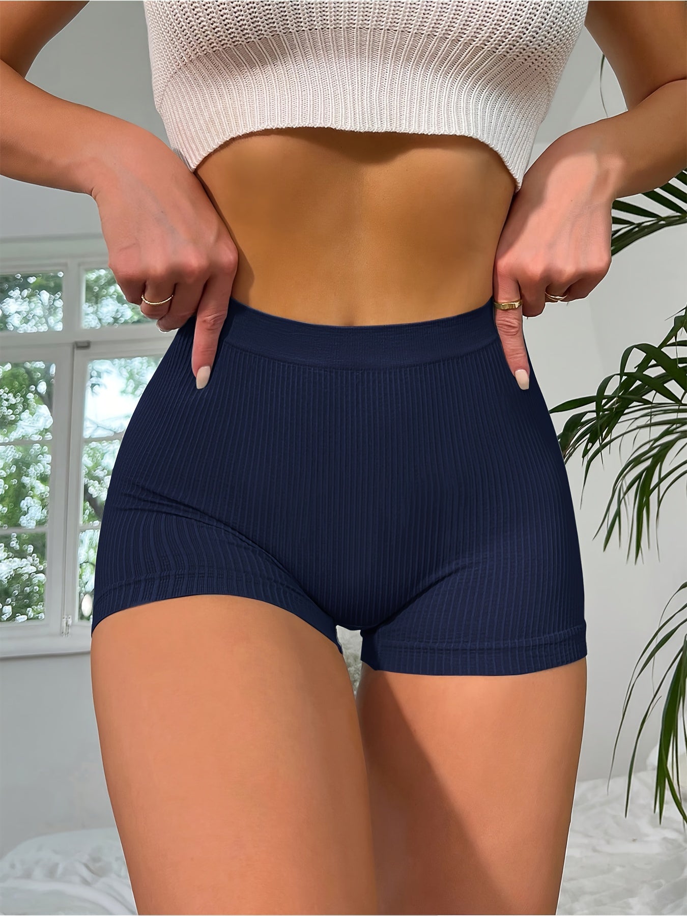 Simple Ribbed Knit Textured Panty, Comfy Mid-Rise Stretchy Solid Boyshort Panties, Women's Lingerie & Underwear