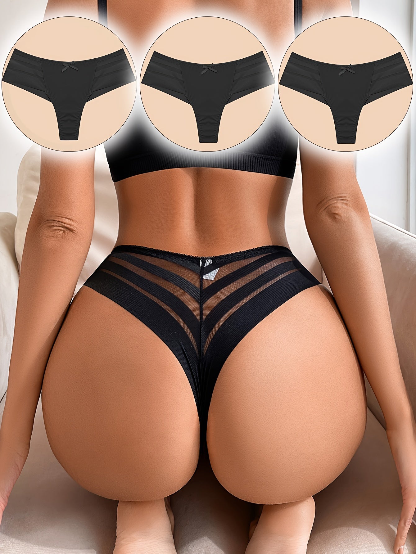 3pcs Mesh Stitching Thongs, Soft & Comfy Stretchy Intimates Panties, Women's Lingerie & Underwear