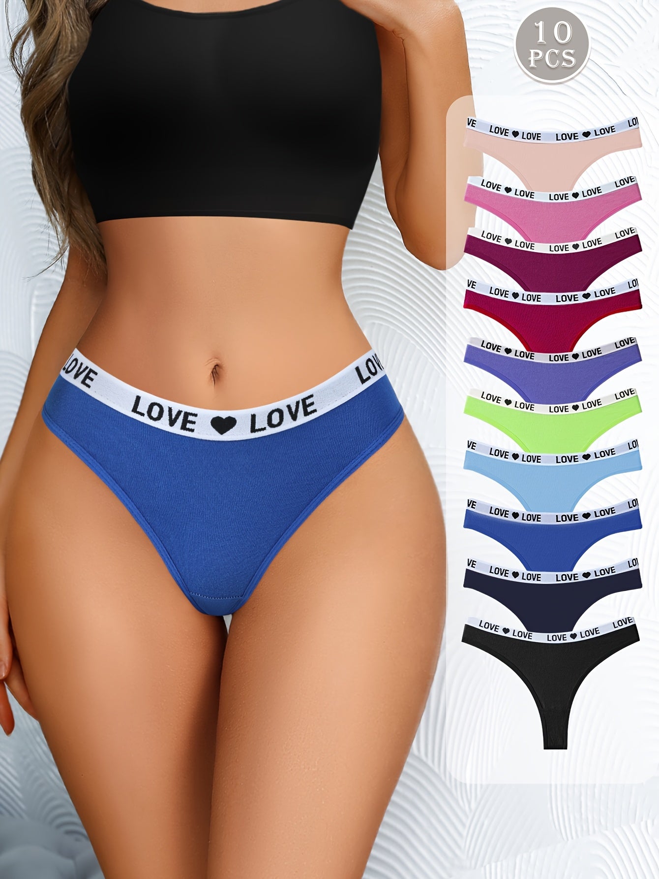 10-Pack Women's Cotton Thongs - Rainbow Colorful LOVE Letter Print, Sporty Breathable & Sweat-Absorbing Underwear for Travel, Invisible Confident Fit. Store ARBELLA'S