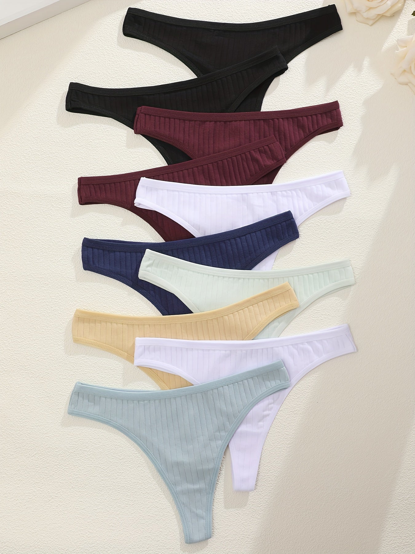 10pcs Skin-Friendly Ribbed Thong Panties, Comfy & Breathable Low Waist Cotton Panties, Women's Lingerie & Underwear