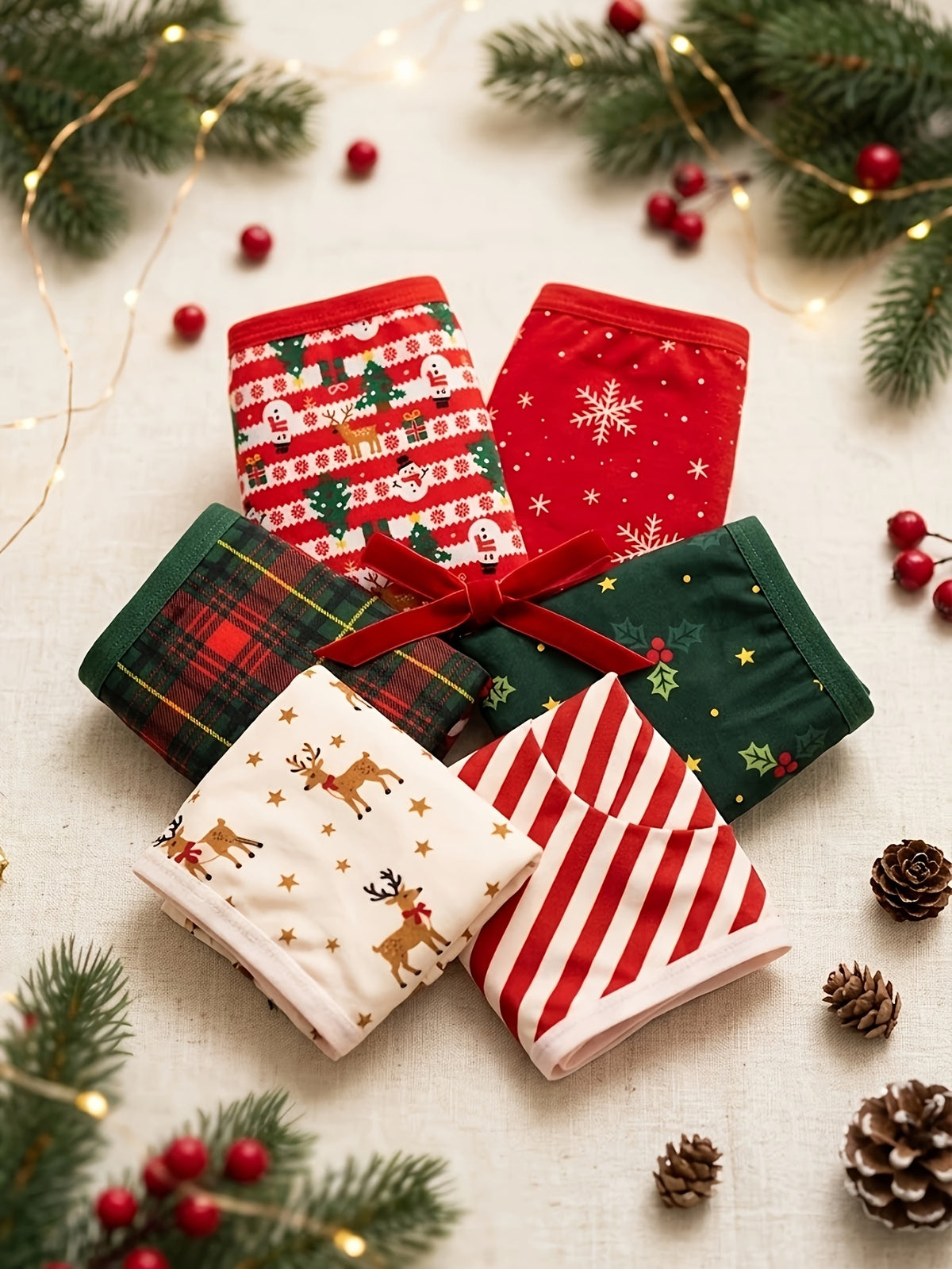 Paquete de 6 bragas de tiro medio a alto para mujer, estampado festivo de Navidad y Año Nuevo. 6