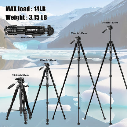 ZOMEI 74"/187cm Aluminum Alloy Camera Tripod Stand With Detachable Head, Lightweight DSLR Tripod, Vlog Live Streaming Tripod, Rubber Feet, Rotating Handles, Uncharged (black)