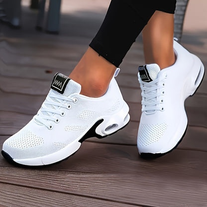 Women's Air Cushion Running Sneakers, Solid Color Breathable Low Top Walking Trainers, Casual Outdoor Gym Shoes  Plus Size