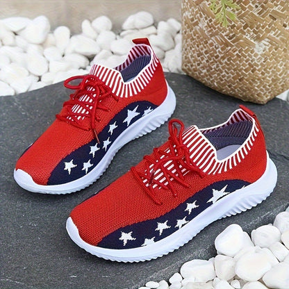 Women's Star Pattern Knitted Sneakers, Contrast Color Low Top Running & Walking Trainers, Casual Breathable Sports Shoes Summer