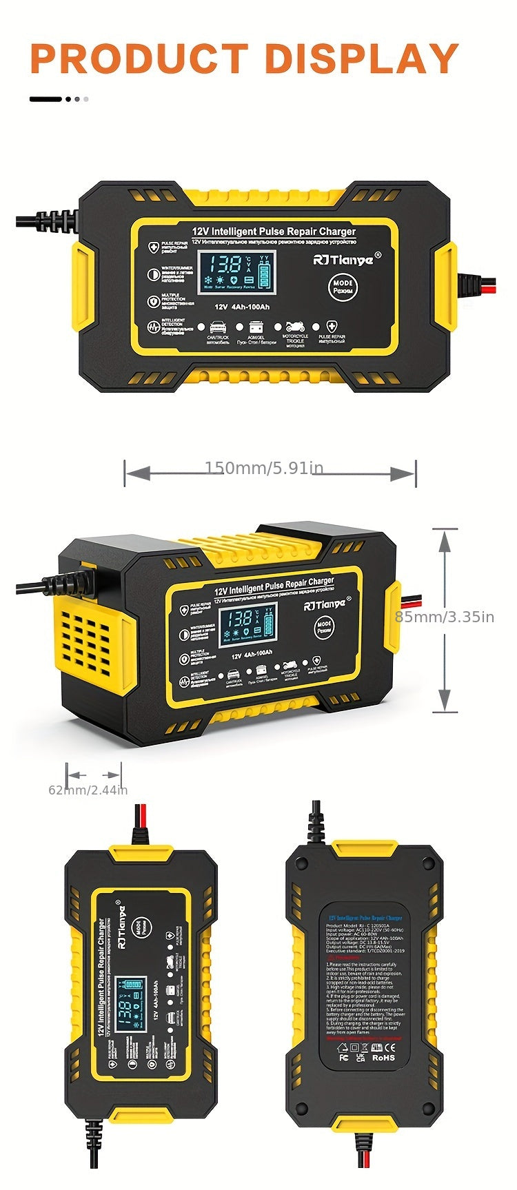 Advanced 12V 6A Smart Car Battery Charger - Fast Pulse Repair, LCD Display, AGM Deep Cycle GEL Lead-Acid Compatible, Auto and Motorcycle Battery Charger with Multi-Protection