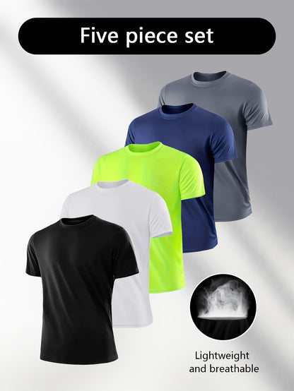 5-Pack Mens Ultra-Quick Dry Short Sleeve Athletic T-shirts - Super Lightweight, breathable, Solid Colors for Summer Sports & Casual Wear - Fashionable Crew Neck