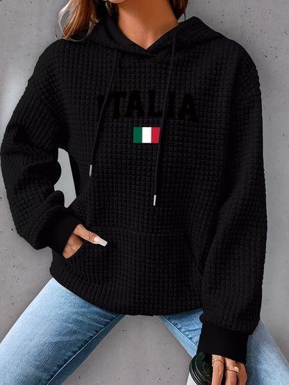 ITALIA Waffle Knit Hoodie - Casual Long Sleeve Drop Shoulder Drawstring Hoodie with Kangaroo Pocket for Fall & Winter, Cozy Women's Clothing