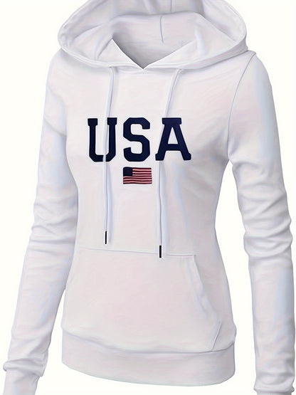 Stylish USA Flag Print Kangaroo Pocket Hoodie - Women's Casual Long Sleeve Drawstring Sweatshirt with Relaxed Fit, Soft Fleece Lining, and Adjustable Hood - Perfect for Everyday Wear