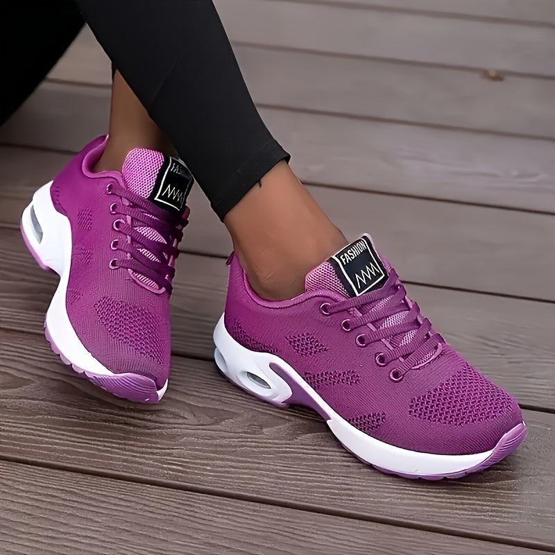 Women's Air Cushion Running Sneakers, Solid Color Breathable Low Top Walking Trainers, Casual Outdoor Gym Shoes  Plus Size