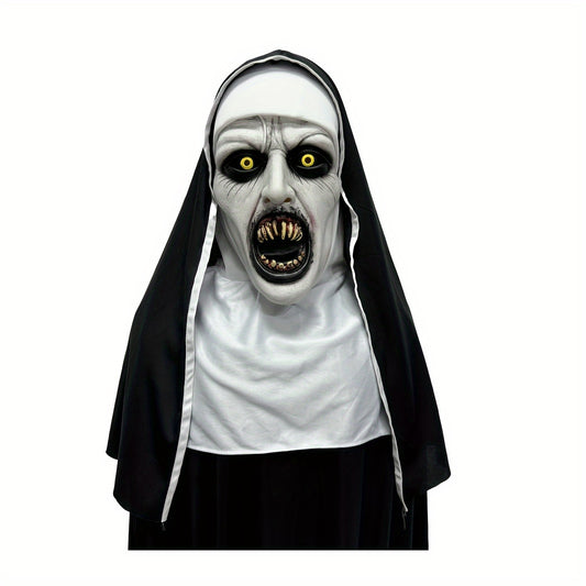 Halloween Witch & Wizard Theme Nun Mask with Headscarf - Scary Latex Full Head Costume Accessory, Horror Devil Cosplay Party Prop, Scream Mouth Design, No Power Required