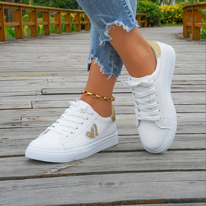 Women's Heart Accent Fashion Sneakers - All-season Casual Low Top Lace-up Shoes with Plain Toe and Rubber Sole, Soft Footbed, Hand Washable - White