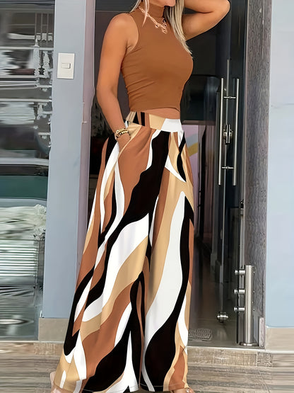 Women's Casual Elegance Mock Neck Wide-Leg Pants Featuring Wave Patterns and Floral Shapes Store ARBELLA'S