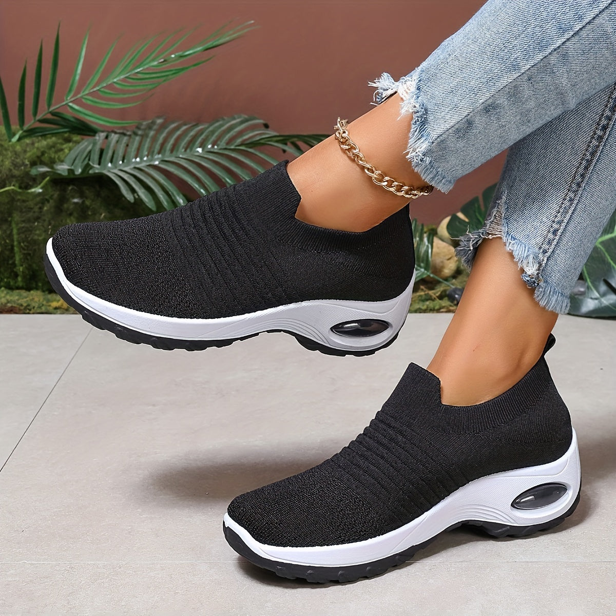 Women's Breathable Knit Sneakers - Comfortable Air Cushion, Slip-On Casual Shoes With Non-Slip Sole For Outdoor Activities