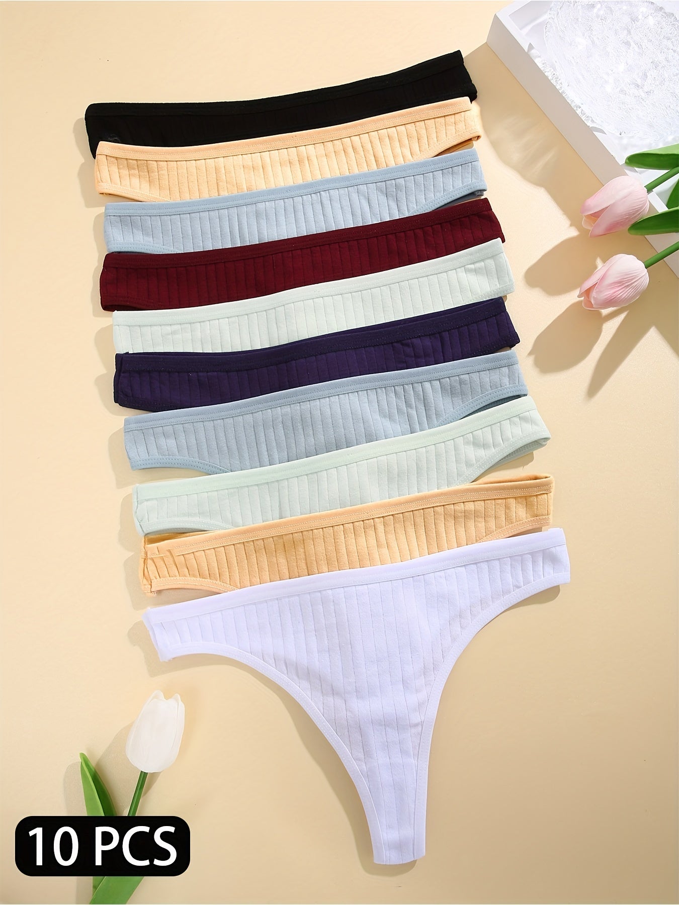 10pcs Skin-Friendly Ribbed Thong Panties, Comfy & Breathable Low Waist Cotton Panties, Women's Lingerie & Underwear