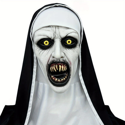 Halloween Witch & Wizard Theme Nun Mask with Headscarf - Scary Latex Full Head Costume Accessory, Horror Devil Cosplay Party Prop, Scream Mouth Design, No Power Required