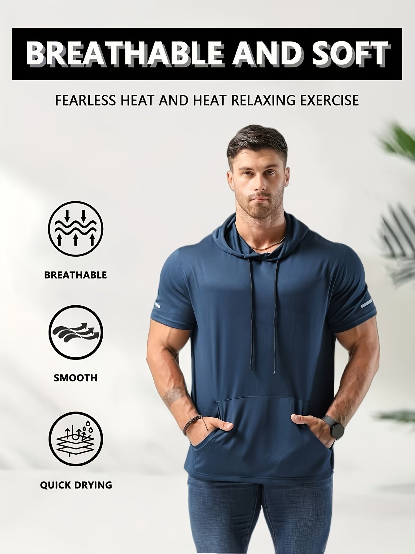 Men's Quick-Dry Hoodie - Breathable, 4-Way Stretch, Sweat-Wicking Polyester, Relaxed Fit for Sports & Casual Wear, White with Blue Drawstrings Store ARBELLA'S