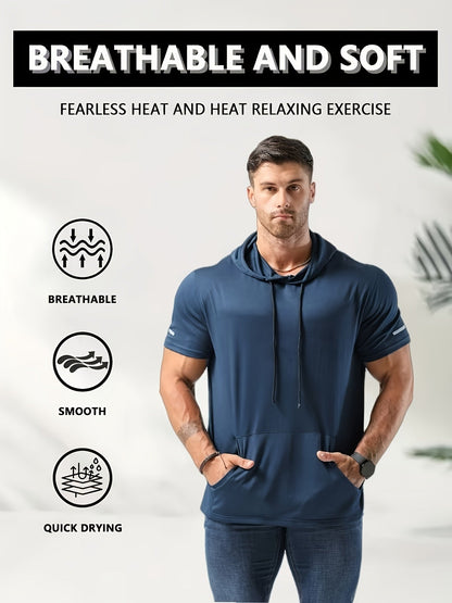 Men's Quick-Dry Hoodie - Breathable, 4-Way Stretch, Sweat-Wicking Polyester, Relaxed Fit for Sports & Casual Wear, White with Blue Drawstrings Store ARBELLA'S