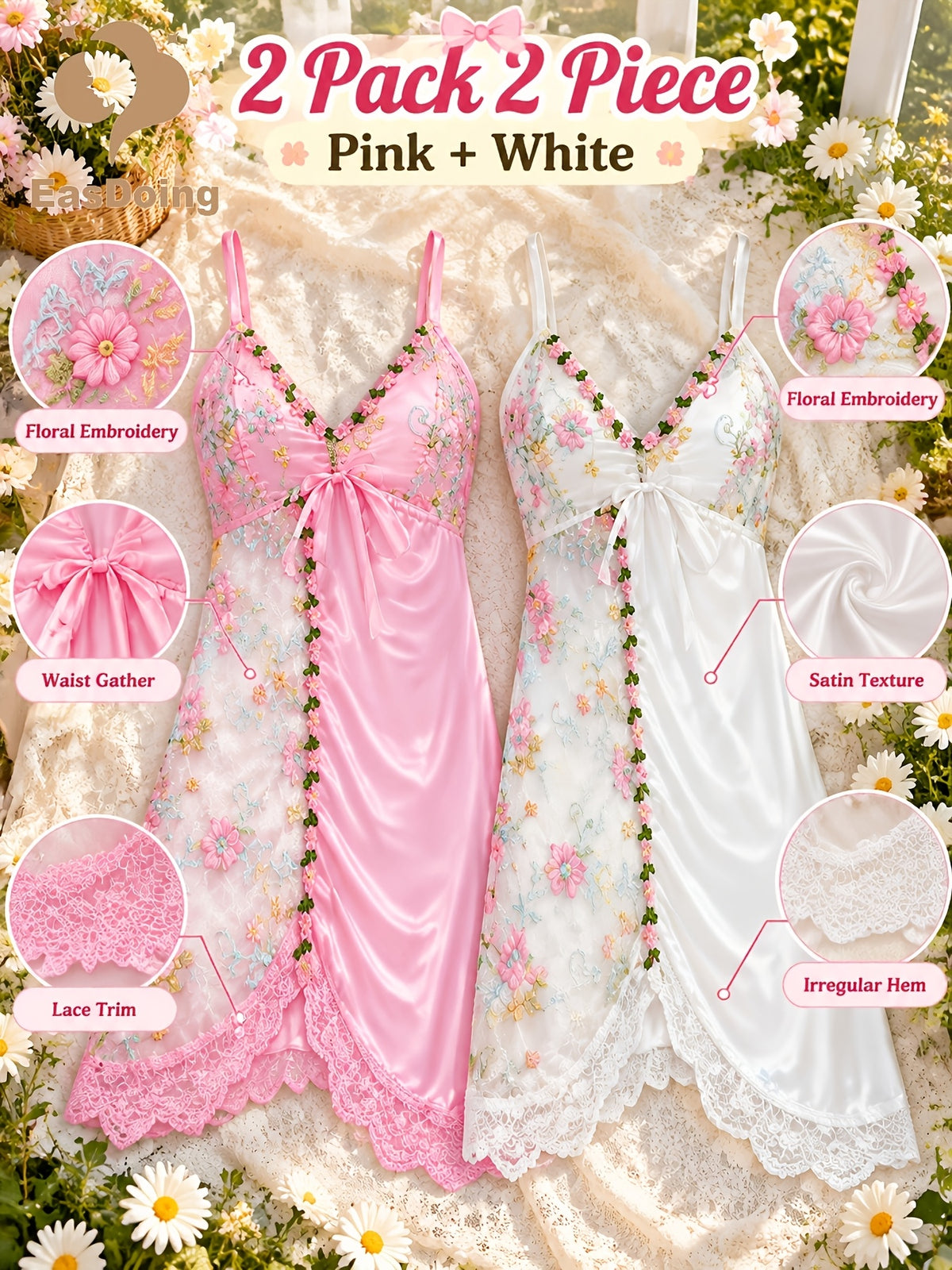 [Easdoing] Conjunto de Camisola de Satén para Mujer, 2 Piezas, Camisón de Encaje Bordado Floral con Dobladillo Asimétrico, Vestido de Casa con Cuello en V, Combinación Rosa y Blanca