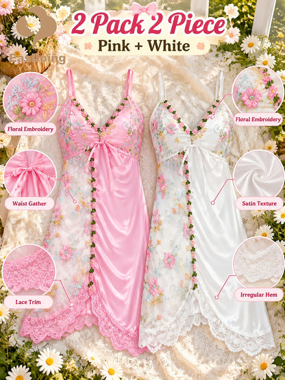 [Easdoing] Conjunto de Camisola de Satén para Mujer, 2 Piezas, Camisón de Encaje Bordado Floral con Dobladillo Asimétrico, Vestido de Casa con Cuello en V, Combinación Rosa y Blanca