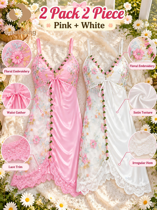 [Easdoing] Conjunto de Camisola de Satén para Mujer, 2 Piezas, Camisón de Encaje Bordado Floral con Dobladillo Asimétrico, Vestido de Casa con Cuello en V, Combinación Rosa y Blanca