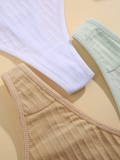 10pcs Skin-Friendly Ribbed Thong Panties, Comfy & Breathable Low Waist Cotton Panties, Women's Lingerie & Underwear