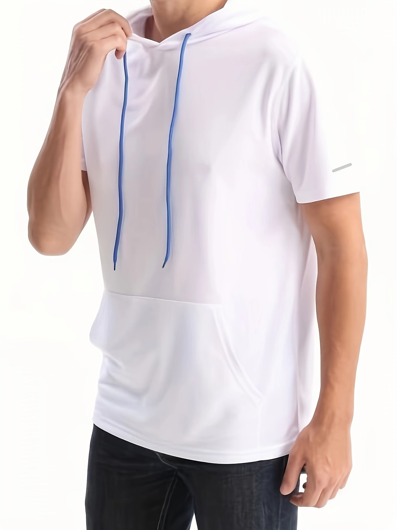 Men's Quick-Dry Hoodie - Breathable, 4-Way Stretch, Sweat-Wicking Polyester, Relaxed Fit for Sports & Casual Wear, White with Blue Drawstrings Store ARBELLA'S