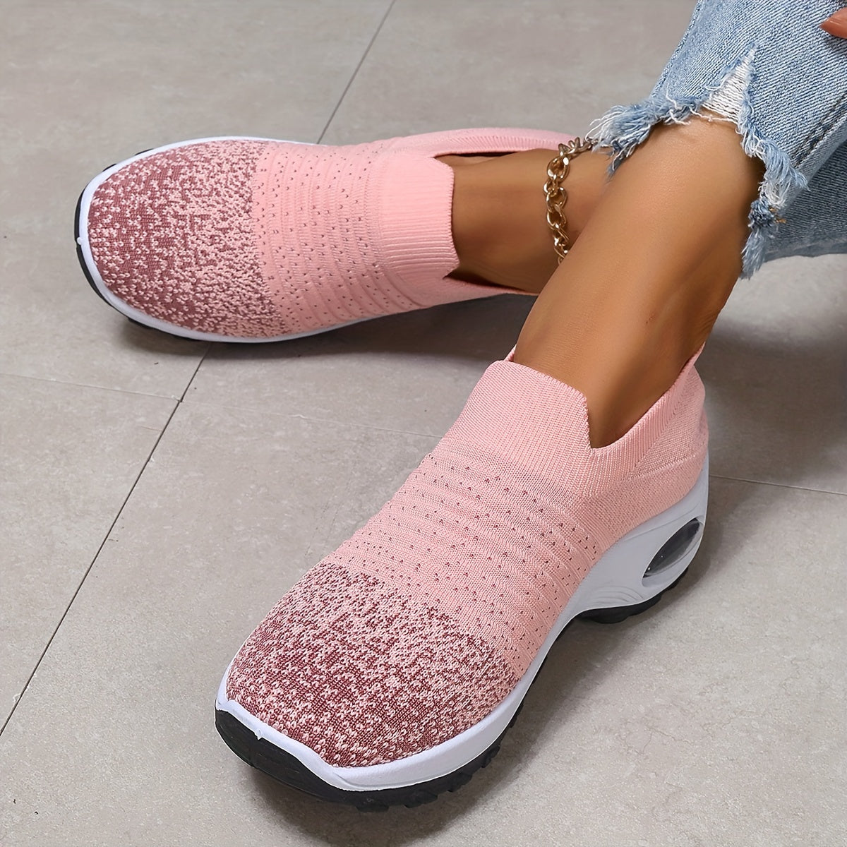 Women's Breathable Knit Sneakers - Comfortable Air Cushion, Slip-On Casual Shoes With Non-Slip Sole For Outdoor Activities