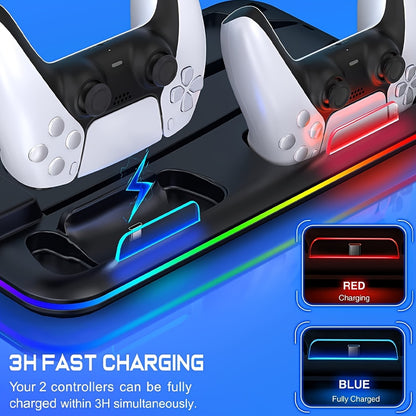 RGB PS5 Cooling Stand & Rapid Charger - High-Performance Fan, Dual Dock, Compatible with Disc & Digital Edition, 6 Game Slots, Screws & Dust Cover.