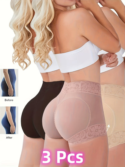3pcs Women's Hip Lifting Underwear - Adjustable Abdominal Control Seamless Tight Shorts with Lace Trim, Medium Stretch, No Hip Cushion, Hand Wash Only, All-Season Comfort (Black/Beige/Nude), Body Shaping Underwear. Store ARBELLA'S