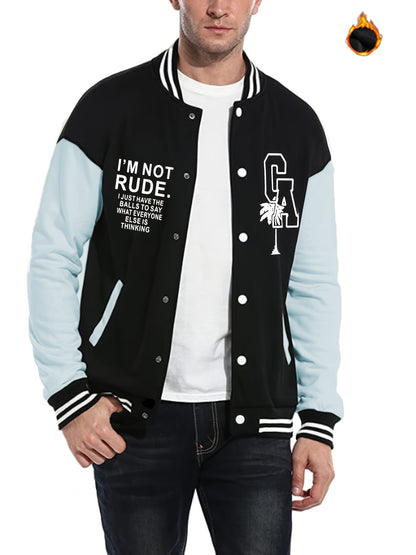 Letter Print Warm Varsity Jacket, Men's Casual Color Block Button Up Jacket For Fall Winter School Baseball