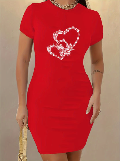 Stunning Rhinestone Heart Bodycon Dress, Short Sleeve Crew Neck Casual Women's Clothing for a Chic Look