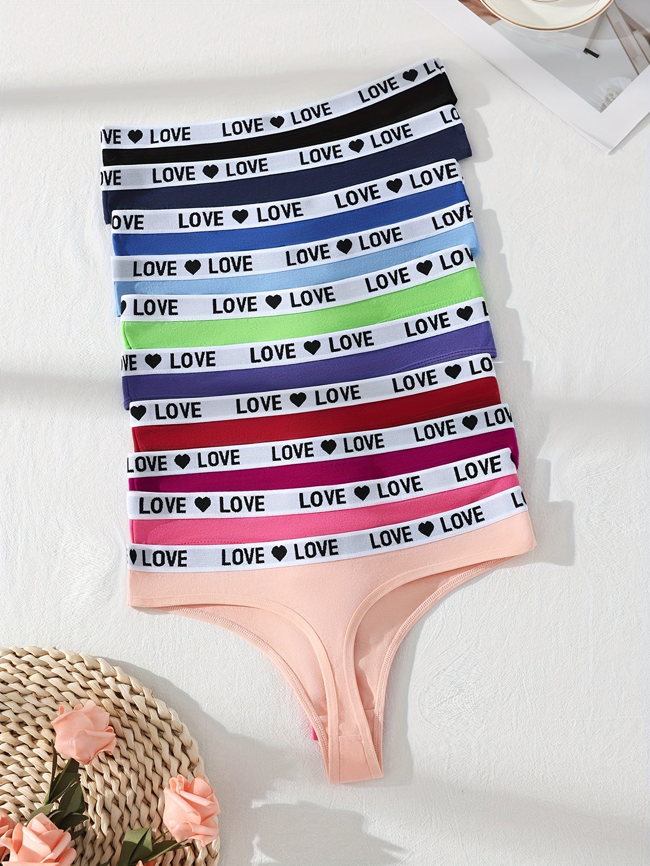 10-Pack Women's Cotton Thongs - Rainbow Colorful LOVE Letter Print, Sporty Breathable & Sweat-Absorbing Underwear for Travel, Invisible Confident Fit. Store ARBELLA'S