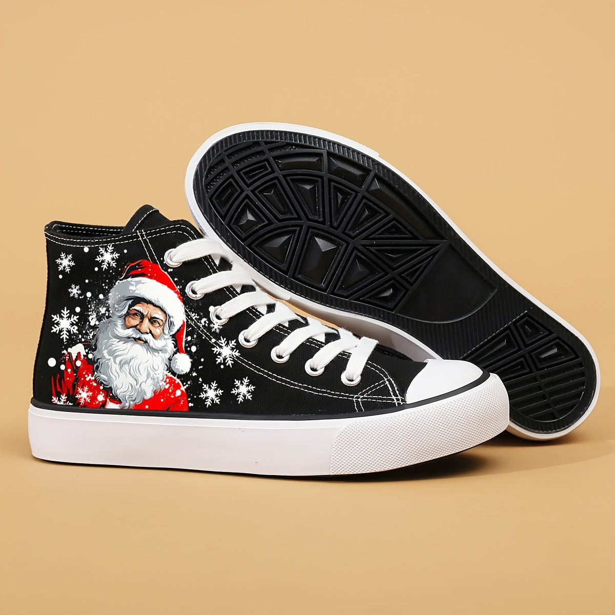 Women's Christmas Santa Print Canvas Sneakers, Casual Lace-Up High-Top Fashion Shoes, Comfortable All-Season Round Toe with Fabric Insole and Rubber Sole