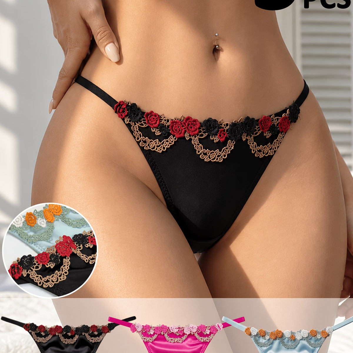Juego de 3 tangas de encaje floral para mujer, bragas elegantes de tiro medio liso para dama, ropa interior suave de uso diario. 11