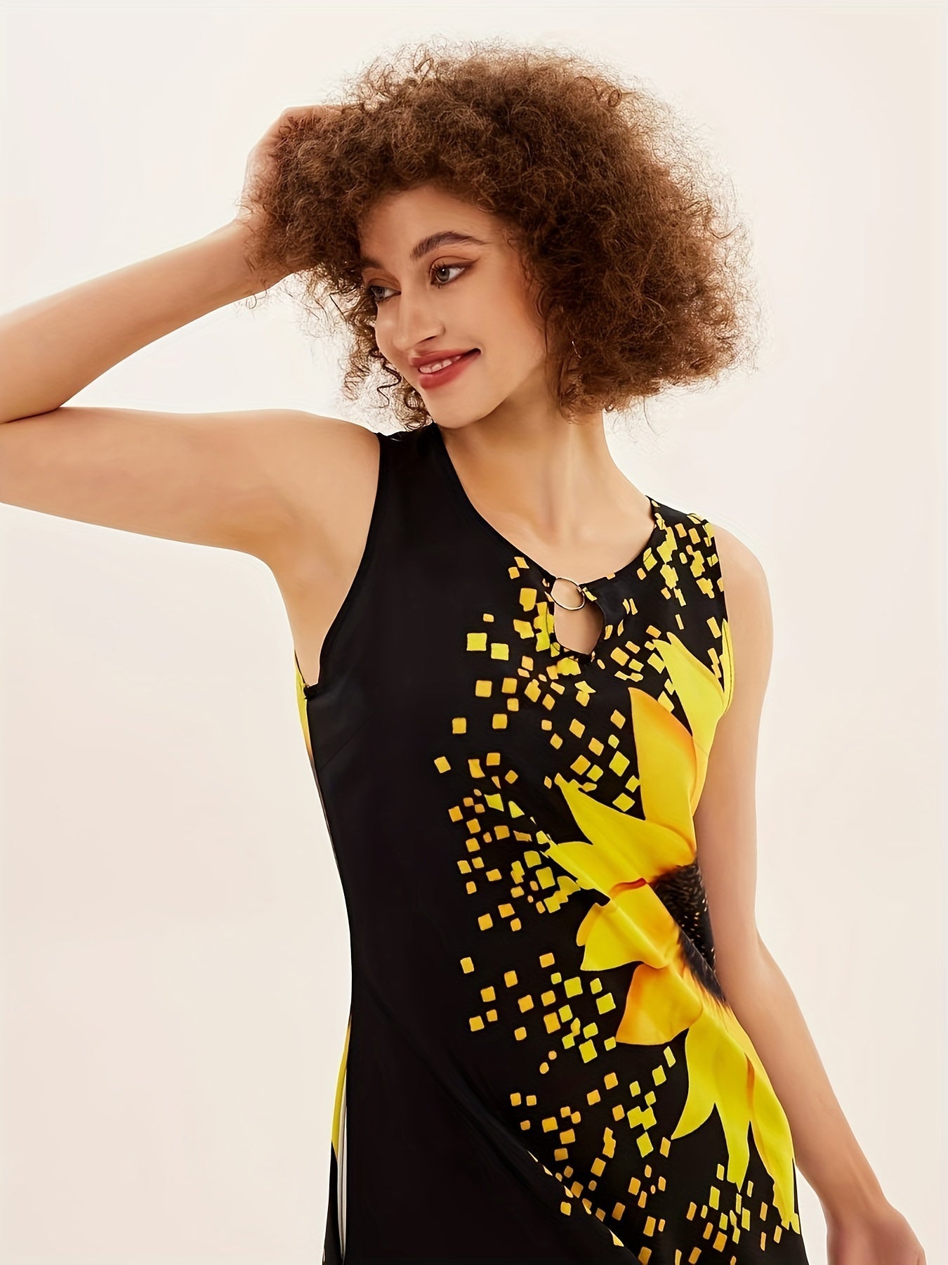 Sunflower Print Keyhole Dress, Casual Crew Neck Sleeveless Maxi Dress With Pocket, Women's Clothing For Elegant Dressing Store ARBELLA'S